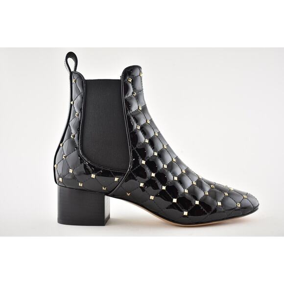 Valentino Rockstud Chelsea Spike Black Patent Stud Heel Short Ankle Bootie 37.5 - Picture 2 of 12
